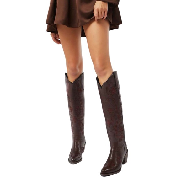Wide Calf Friendly Embroidered Brown Knee High Western Cowgirl Pointed Toe Boots - Picture 2 of 5